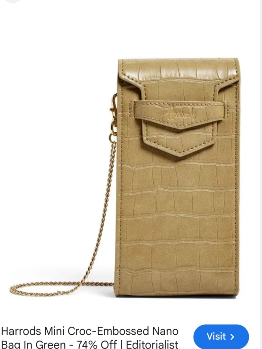 Harrods Beige Croc-Embossed Crossbody Card Pouch with Gold Chain NWT